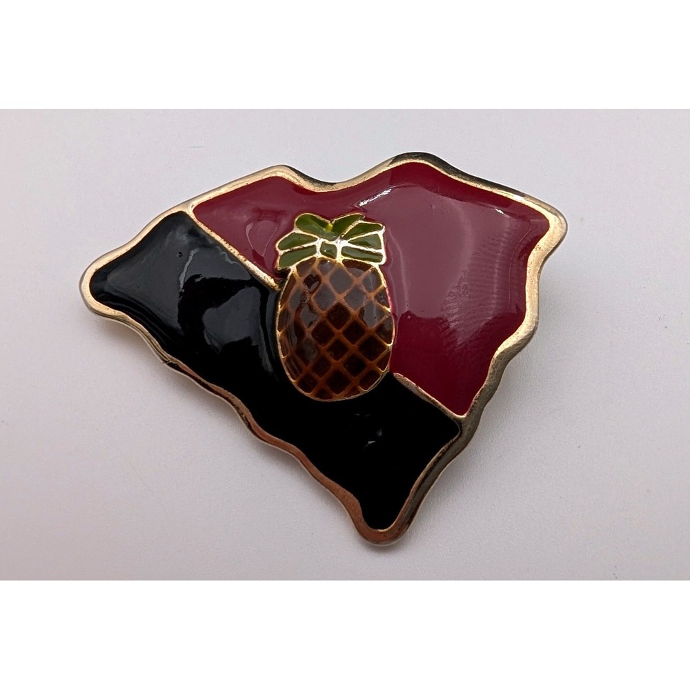 South Carolina State Pineapple Brooch Pendant Gold Tone Enamel Burgundy Black
